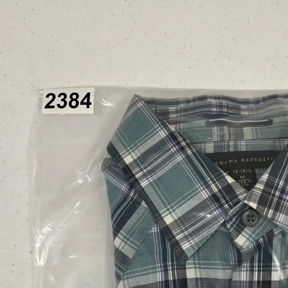 Banana Republic Mens M‎ Western Snap Front Plaid Shirt Teal Navy Long Sleeve